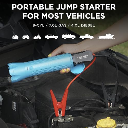 BoostHero Portable Car Battery Jump Starter, 6,000mAh Power Bank, LED Flashlight, with Smart Jumper Cables for up to 6.0L Gas/4.0L Diesel Engines (Blue) - color: Blue