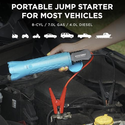 BoostHero Portable Car Battery Jump Starter, 6,000mAh Power Bank, LED Flashlight, with Smart Jumper Cables for up to 6.0L Gas/4.0L Diesel Engines (Blue) - color: Blue