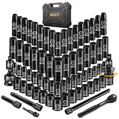 BOEN 1/2" Drive Impact Socket Set, 72 Piece Standard SAE (5/16"-1-1/4") & Metric (8-24 mm), Deep & Shallow Kit | Includes Ratchet Handle & Adapters | 3 ", 5", 10" Extension Bar