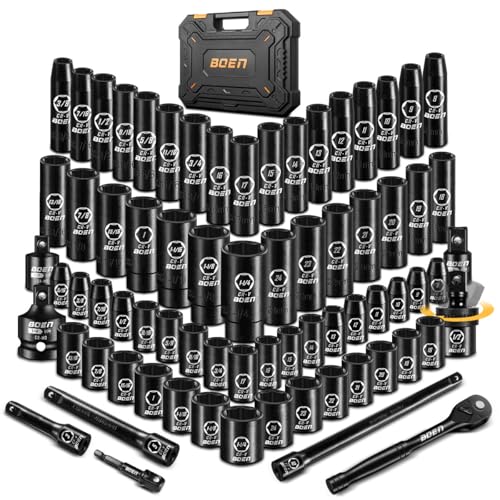 BOEN 1/2" Drive Impact Socket Set, 72 Piece Standard SAE (5/16"-1-1/4") & Metric (8-24 mm), Deep & Shallow Kit | Includes Ratchet Handle & Adapters | 3 ", 5", 10" Extension Bar