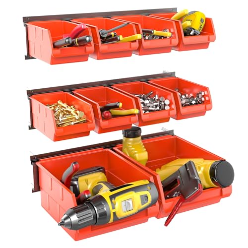 WALMANN Wall Mounted Storage Bins for Small Parts, 10 Bins with 3 Metal Rails, Plastic Bins for Screws, Bolts, Nuts, Craft Room, Workshop, and Garage Wall Storage Bins(Orange-red) - color: Orange-red