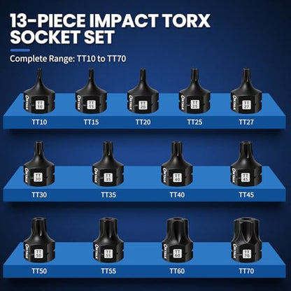 3/8" Drive Stubby Torx Bit Socket Set, 13PCS Impact Torx Socket Set, TT10 to TT70, Anti-Roll Design S2 Steel for Impact Use - size: 3/8" Drive socket 13PCS