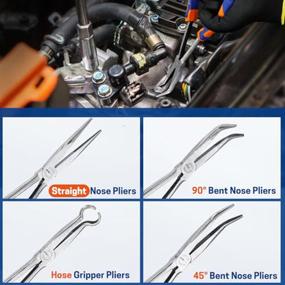 4 PCS 11 Inch Long Reach Pliers Set with Handle, Extra Long Needle Nose Pliers Set with Straight, 45°, 90° Bent Needle Nose and Circle Nose for Narrow Spaces - size: 11 Inch - 4 PCS