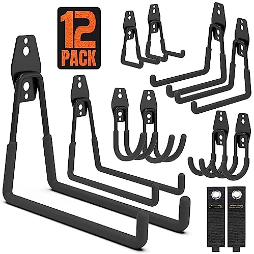 SMARTOLOGY Garage Hooks, 12 Pack Wall Storage Hook Includes 2 Extension Cord Holder, Utility Organization, Heavy Duty Wall Mount Hangers for Hanging Bike, Ladder, Garden Tools - color: 12 Pack Black Hooks
