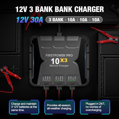 Upgraded 3 Bank Marine Battery Charger 10X3, 30A (10A/Bank) - 12V Waterproof Onboard Battery Charger, Battery Maintainer & Desulfator for SLA/AGM, Lithium (LiFePO4), Calcium & Deep-Cycle Battery - size: 3 Bank(30A)