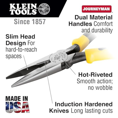Klein Tools J203-8 8-Inch Needle Nose Pliers, Heavy Duty Cutting, Extended Handles, High Leverage, Induction Hardened with Hot-Riveted Joint - style: Side Cutters