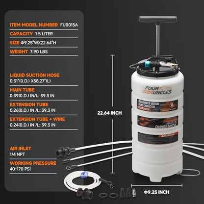 FOUR UNCLES Oil Extractor - Vacumm Fluid Extractor with Pump Tank Remover & Tubes for Oil Change and a Hose for Brake Bleeding - size: 15L Manual/Pneumatic