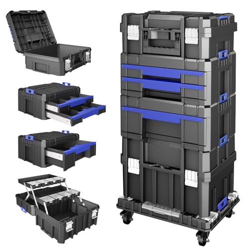 5 Tier Stackable Tool Box with Wheels,Rolling Tool Box with Drawers,Modular Tools Organizer,Portable Tool Box with Transparent Parts Box,Large Capacity Toolbox,for Garage Storage,Home and Repair Shop
