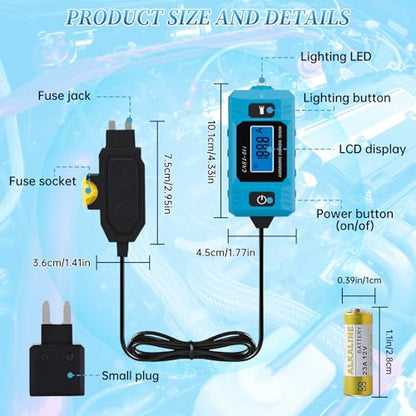 Car Fuse Tester,Automotive Circuit Tester(0.01A~19.99A) with Battery | Automotive Circuit Fault Probe Tester with Led Display & Front Lighting,Max Load 20a 48v/10s for Various Vehicles