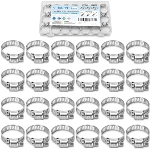 TICONN 24PCS Hose Clamp Set - 1/2''–7/8'' 304 Stainless Steel Worm Gear Hose Clamps for Pipe, Intercooler, Plumbing, Tube and Fuel Line (12–22 mm) - size: SAE #6 24PCS 1/2''~7/8"