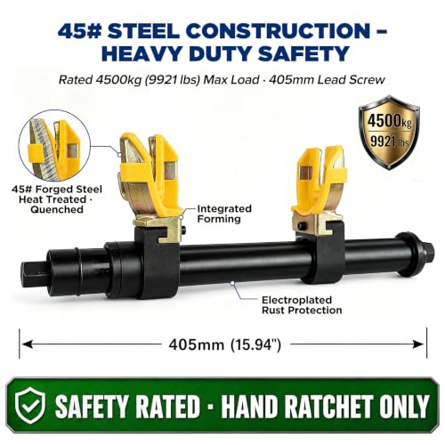 Heavy Duty On-Vehicle Strut Spring Compressor Kit for SUVs and Trucks | 4500kg/9921lbs cap, heat-treated steel ACME screw. 3 yoke pairs: 2.6"-8.3" OD. U-shaped fork for knuckle & ball joint work.