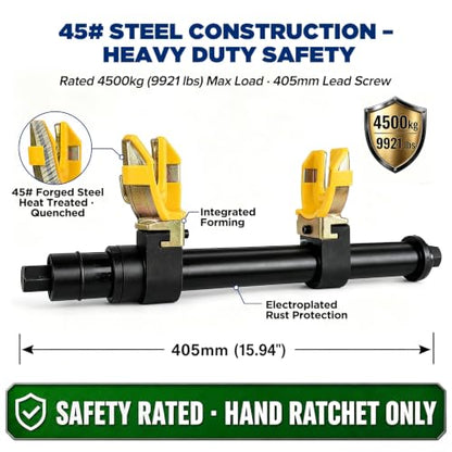 Heavy Duty On-Vehicle Strut Spring Compressor Kit for SUVs and Trucks | 4500kg/9921lbs cap, heat-treated steel ACME screw. 3 yoke pairs: 2.6"-8.3" OD. U-shaped fork for knuckle & ball joint work.
