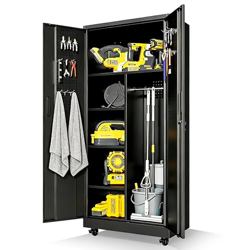 71" Tall Broom Closet Storage Cabinet with Lock,Heavy Duty Garage Storage Cabinet,Large Cleaning Cabinet with Adjustable Shelves & Hanging Rod,Broom Cabinet for Laundry Room,Tool Room,Office - color: Black, size: 71''H-2 Doors & Hanging Rod