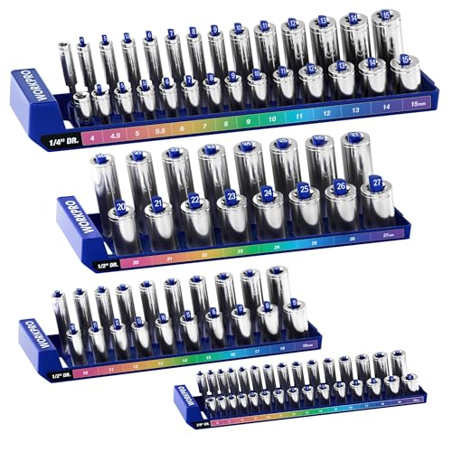 WORKPRO Socket Organizer Set, 4PC Impact Socket Holder, 1/4", 3/8", 1/2" Drive Metric Socket Trays, Impact Socket Organizer for Tool Box Drawer, Socket Storage Holds 94 Pieces (Socket not Included) | Fits Impact Sockets, Holds 94 Pieces Sockets, Large Cap
