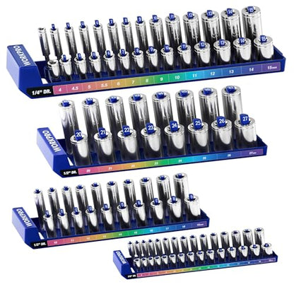 WORKPRO Socket Organizer Set, 4PC Impact Socket Holder, 1/4", 3/8", 1/2" Drive Metric Socket Trays, Impact Socket Organizer for Tool Box Drawer, Socket Storage Holds 94 Pieces (Socket not Included) | Fits Impact Sockets, Holds 94 Pieces Sockets, Large Cap