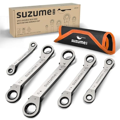 SUZUME 5-Piece Double Reversible Offset Ratcheting Wrench Set Metric (6-21mm) Offset 25° Double Box Wrench for Automotive Repair Industrial Machinery Maintenance DIY with Rolling Pouch - size: Metric