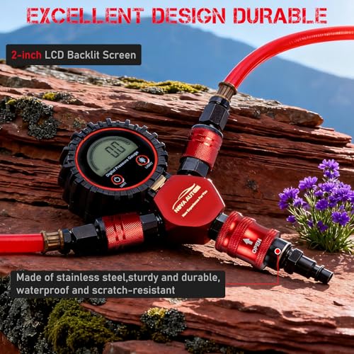 4 Tire Inflation Deflation System W/300PSI Digital Pressure Gauge | Fits up to 200" Wheelbase, Plastic Carry Box & Heavy Duty Hoses, Fits Truck, Car, Trailer, Motorcycle Offroad Vehicles, Red - color: Red
