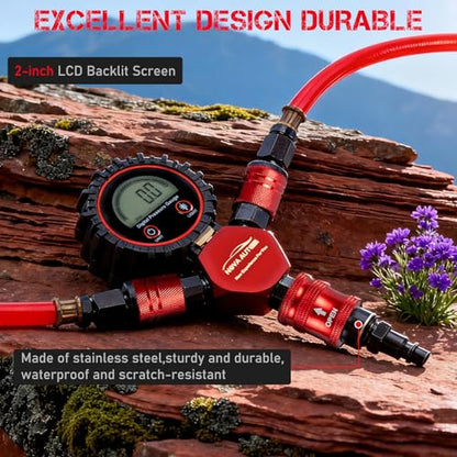 4 Tire Inflation Deflation System W/300PSI Digital Pressure Gauge | Fits up to 200" Wheelbase, Plastic Carry Box & Heavy Duty Hoses, Fits Truck, Car, Trailer, Motorcycle Offroad Vehicles, Red - color: Red