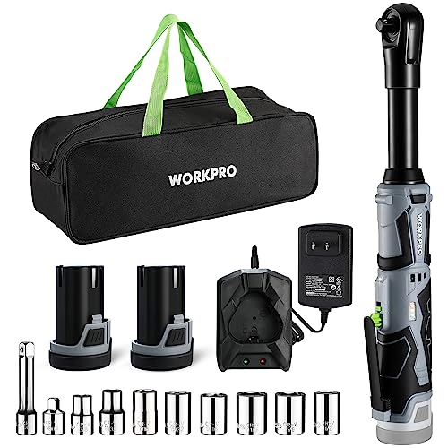 WORKPRO 12V 40 Ft-lbs Power Ratchet Wrench Kit with 10-Piece Socket Accessory Set, 1-Hour Fast Charger, 2.0Ah Lithium-Ion Batteries | 40 Ft-lbs, 10-Piece Socket Accessory Set, 1-Hour Fast Charger, 2.0Ah Lithium-Ion Batteries