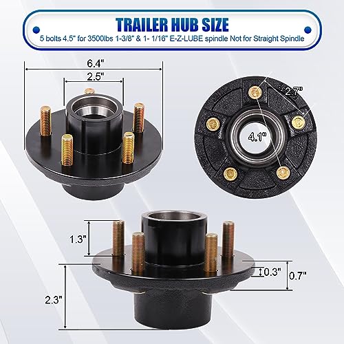 2-Pack 5 on 4.5 Trailer Hub Kit for 3500 lbs Axles, Pre-Installed Races with 1-3/8" & 1-1/16" Bearings, Rust-Resistant Wheel Hub Assembly for Boat Utility Trailers and Long Hauls - size: 5 on 4.5" 3500 lbs