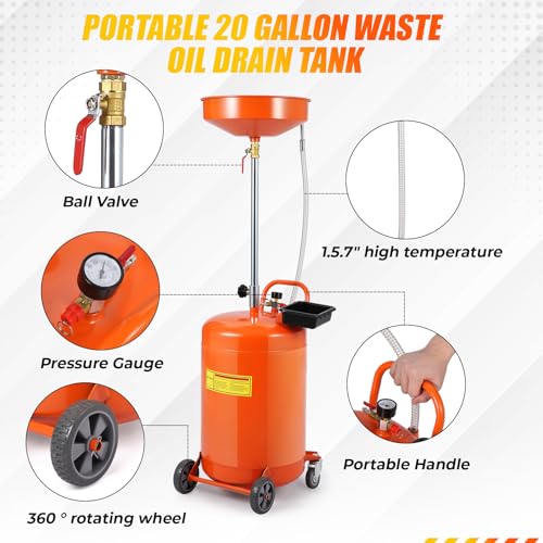 20 Gallon Waste Oil Drain Tank, Portable Air Operated Drainer With Adjustable Funnel Height 38"-65", Portable Oil Drain Container,15" Funnel Fluid Fuel Transfer Drainage With 360° Wheels & Toolbox - color: Orange