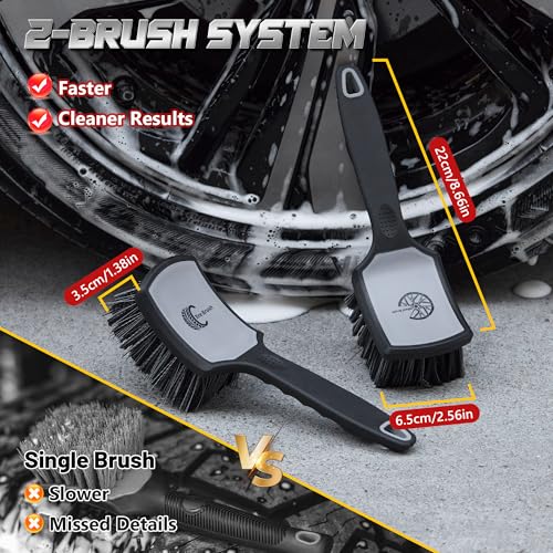 BMLEI Wheel & Tire Brush Set, 2 Pack Car Wheel Brush & Tire Cleaner Brushes | Soft Bristle Rim Brush, Stiff Tire Scrub Brush, Scratch-Free, Wheel Cleaning Kit for Car Detailing, Trucks, SUVs - color: Gray&black