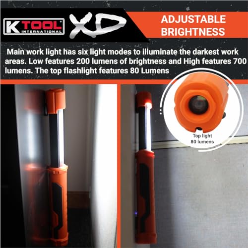 K Tool International XD52848 15.5-Inch Adjustable LED Work Light, Orange/Black, Battery Powered, 6 Levels of Brightness, 700 Lumens