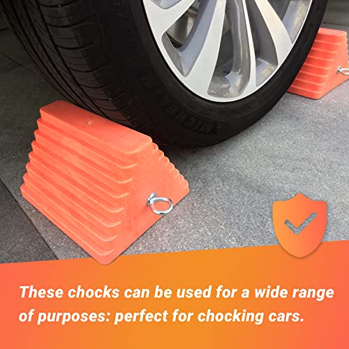 HOXWELL 2 Packs Wheel Chocks Heavy Duty Orange with Eyebolt, Vehicle Chock for Travel Trailers, Camper, Truck, Car and ATV, 9.1" Length x 7.1" Width x 5.5" Height - color: Orange-2 pcs