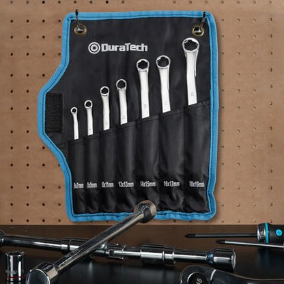 DURATECH 7-Piece Anti-slip Offset Box Wrench Set, Metric, 6-19mm | Bolt Extractor Wrench Set, 50-Degree Offset, CR-V Steel, With Rolling Pouch