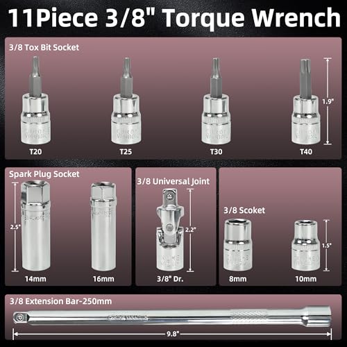 11Pcs 3/8 Inch Drive Spark Plug Socket Set with 72 Tooth Click Torque Wrench 5-45FT.LB/6.8-61N.M - Heavy Duty Magnetic Swivel Spark Plug Socket for Easy Access & Removal of Spark Plugs - size: 11Pcs 3/8" Torque Wrench(5-45FT.LB/6.8-61N.M)