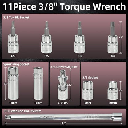 11Pcs 3/8 Inch Drive Spark Plug Socket Set with 72 Tooth Click Torque Wrench 5-45FT.LB/6.8-61N.M - Heavy Duty Magnetic Swivel Spark Plug Socket for Easy Access & Removal of Spark Plugs - size: 11Pcs 3/8" Torque Wrench(5-45FT.LB/6.8-61N.M)