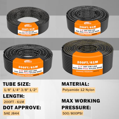 CheeMuii 300 PCS Brass DOT Air Line Fittings Pipe Fittings with 4 Rolls 200FT 1/8" 1/4" 3/8" 1/2" DOT Air Lines Kit Brass Push Lock Air Fittings Compression Air Fittings with Air Hose Pneumatic Tubing - size: 200FT-4ROLL-300PCS