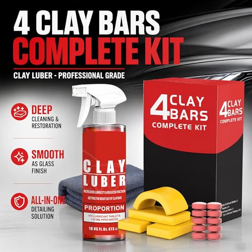 4-Piece Premium Clay Bar Car Detailing Kit - 16oz Clay Lubricant Spray & 10 Lubricant Tablets, Safe for Paint, Glass, Wheels - Removes Contaminants, Sap, Dust for a Smooth Glossy Finish
