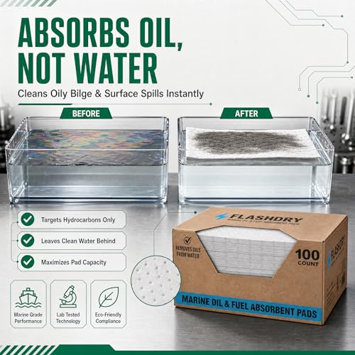 FLASHDRY Marine Oil Spill Absorbent Pads, 100-Count Oil Control Pads, 17.5" x 13.5" - Fuel, Diesel & Bilge Water Cleanup, Water-Repellent, Eco-Friendly, Tear-Resistant Hydrocarbon Absorption - size: 100 Pads - 2mm