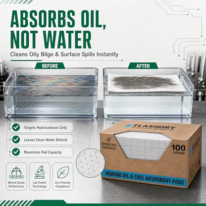 FLASHDRY Marine Oil Spill Absorbent Pads, 100-Count Oil Control Pads, 17.5" x 13.5" - Fuel, Diesel & Bilge Water Cleanup, Water-Repellent, Eco-Friendly, Tear-Resistant Hydrocarbon Absorption - size: 100 Pads - 2mm