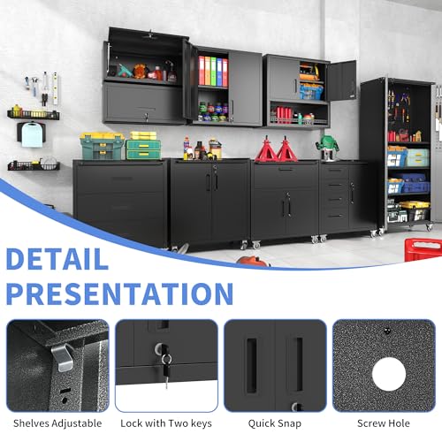 Metal Storage Cabinet for Garage, Tool Cabinet, Utility Cabinet | Wall Mounted, Hanging Tool Cabinet, Lockable, 2 Doors, Adjustable Shelves, Assembly Required, Black - color: Black