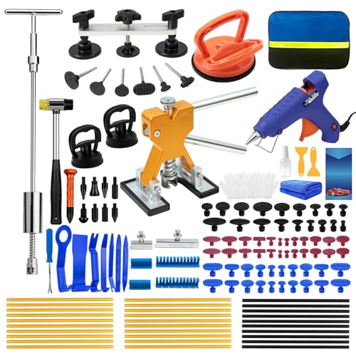 Paintless Dent Repair Kit Professional Auto Body Puller Tool-139 Pcs | Features 2-in-1 slide hammer, bridge puller, 100W glue gun, and 62 tabs for hail damage and door dings - size: Dent Puller Kit-139 Pcs