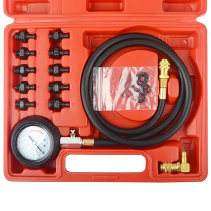 DAYUAN Engine Cylinder Oil Pressure Diagnostic Tester Tool Set | Tests Oil Pump Pressure & Low Oil Warning Systems, 0-140 PSI Gauge, 1200mm Hose, 90° Coupler, 10 Adapters, Storage Case