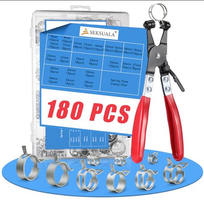 180Pcs 5/16" to 1-1/2"(7-38mm) 24 Size Spring Band Hose Clamps Assortment Kit with Swivel Flat Hose Clamp Plier, SEKSUALA Constant Tension Steel Clamps for Fuel Lines, Silicone,Vacuum Hoses (Grey? - size: Grey-180Pcs-24Size(7-38mm)