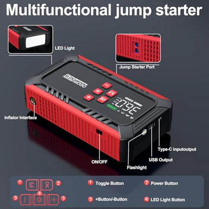 8000A Jump Starter with Air Compressor, 26800mAh Car Battery Jump Starter (All Gas/16.0L Diesel) with 150PSI Auto-Shutoff Tire Inflator, 12V Jump Box with Booster, Jumper Cables, Cigarette Lighter - size: L