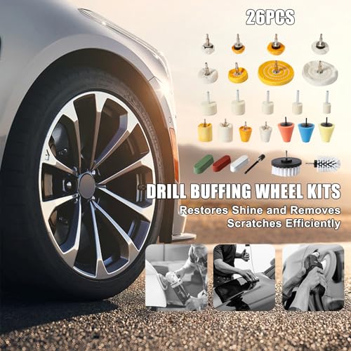 26pcs Buffing Wheel Kit for Drill – Different Size and Density Polishing Buffing Wheels – Perfect for Car Detailing, Jewelry, DIY Buffing & Finishing– 1/4" Shank Fits Most Drills - size: 26PCS