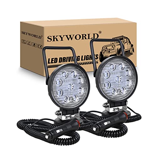 SKYWORLD Magnetic Mount LED Work Light, 2PCS 4 Inch 27W Round Flood Off Road Driving Fog Lamp 12V 24V with Portable Magnetic Base Holder for Truck Tractor Trailer Car Boat Engineering Vehicle - size: 2Pcs 4 Inch 27W Flood