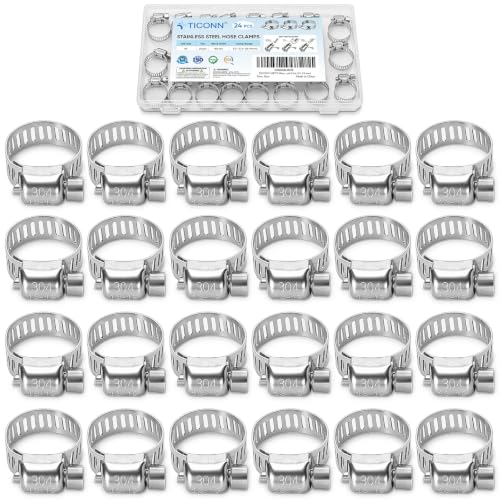 TICONN 24PCS Hose Clamp Set - 1/2''–3/4'' 304 Stainless Steel Worm Gear Hose Clamps for Pipe, Intercooler, Plumbing, Tube and Fuel Line (13–19 mm) - size: SAE #5 24PCS 1/2''~3/4"