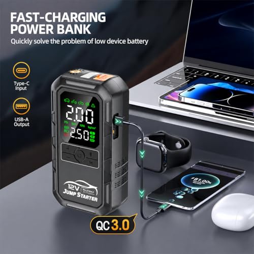 10-in-1 Car Battery Jump Starter with Air Compressor 8000A 160PSI Portable Car Jumper Starter (All Gas 12L Diesel), 12V Jump Box Car Battery Jump Starter Portable Jumper Cables, Lights (8000A) - size: 8000A