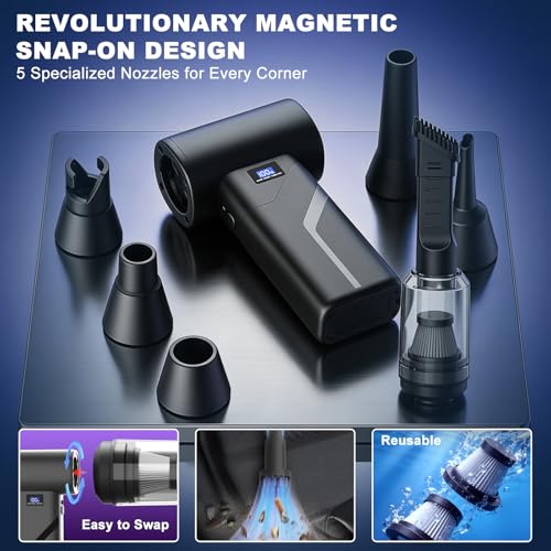 2-in-1 Vacuum and Blower, 110,000 RPM Compressed Air Duster, 160g Powerful Jet Dry Blower, Smart LED Display & Magnetic Nozzles, Cordless Air Duster for PC Cleaning Kit, Keyboard, Car Detailing