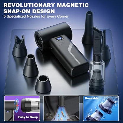 2-in-1 Vacuum and Blower, 110,000 RPM Compressed Air Duster, 160g Powerful Jet Dry Blower, Smart LED Display & Magnetic Nozzles, Cordless Air Duster for PC Cleaning Kit, Keyboard, Car Detailing