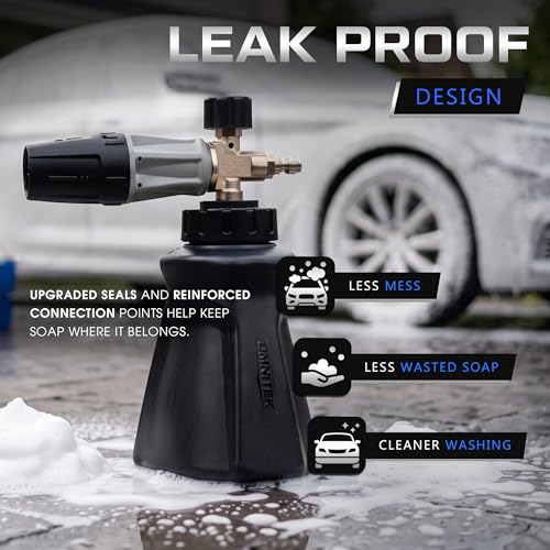 Foam Cannon for Pressure Washer - Wide Mouth Snow Foam Gun - Leak Proof Design & Adjustable Sprayer - 1 Liter Bottle with ¼” Quick Connect - Sprays Thick Suds for Quick Cleaning