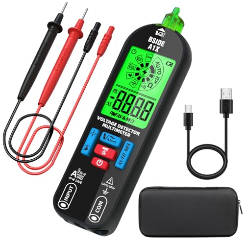 BSIDE Digital Multimeter Tester Rechargeable Electrical Voltmeter, Smart Mode with Red & Green Backlight, Measures Capacitance Diode Ohm Continuity V-Alert DC AC Voltage with Carrying Case - color: A1X with Bag