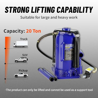 20 Ton Air Hydraulic Bottle Jack with Air-Powered or Manual Operation, One-Piece Hydraulic Cylinder Design, Air Bottle Jack with Carry Handle for Pickup Trucks, Commercial Vehicles, and Farm Equipment - color: Blue
