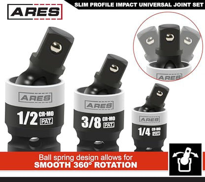 ARES 22036-3-Piece Slim Profile Impact Universal Joint Set - 1/4-Inch, 3/8-Inch and 1/2-Inch Drive Chrome Moly Steel Impact Grade U-Joint Sockets – Slim Body Profile for Superior Access - size: 1/4-Inch, 3/8-Inch, 1/2-Inch Slim Set